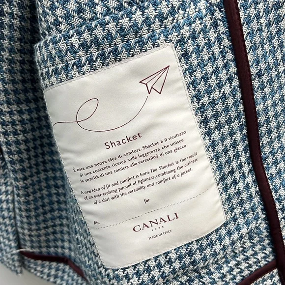 Canali Houndstooth Shacket Blue Sport Coat Blazer Linen Cotton Wool IT 50 US 40 - Picture 11 of 13